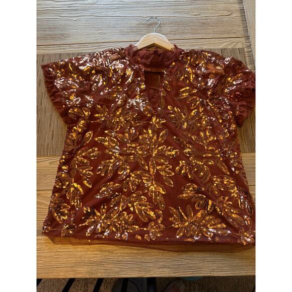 Anthropologie brown sequin ruffle blouse - Picture 3 of 8